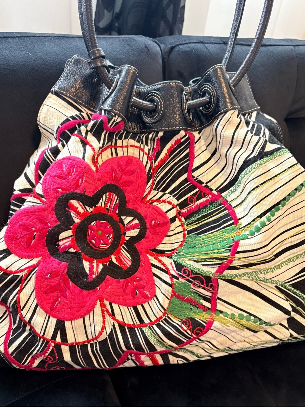 Brighton Embroidered Floral Drawstring Shoulder Bag - Pink, Black & Green